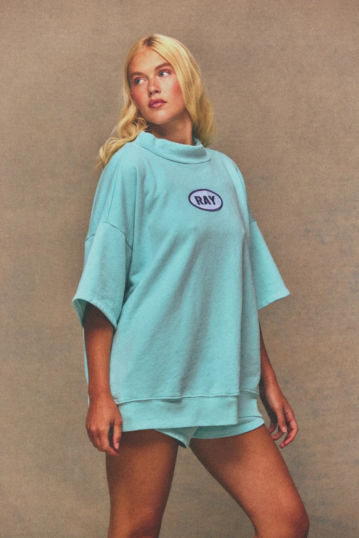 Ray Short Sleeve Mock Neck Sweatshirt Seafoam